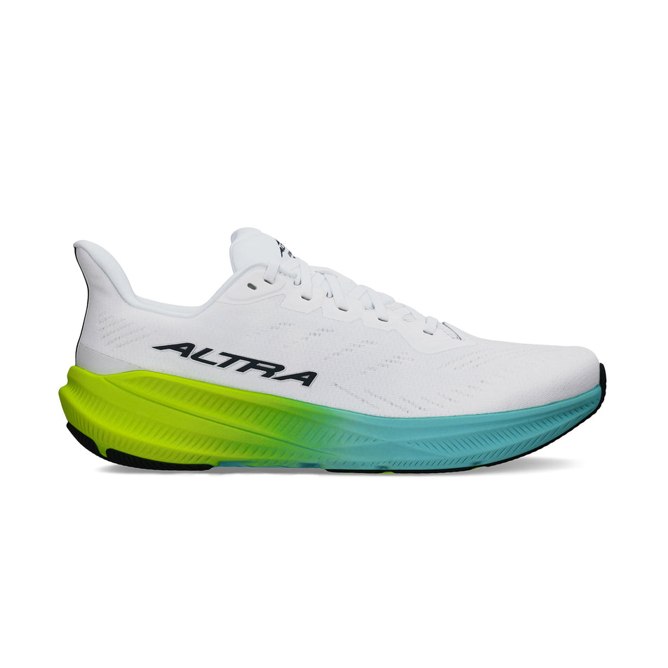 Lateral view of the right shoe from a pair of Altra Men's Experience Flow 2 Running Shoes in the White/Lime colourway. (8653235585186)