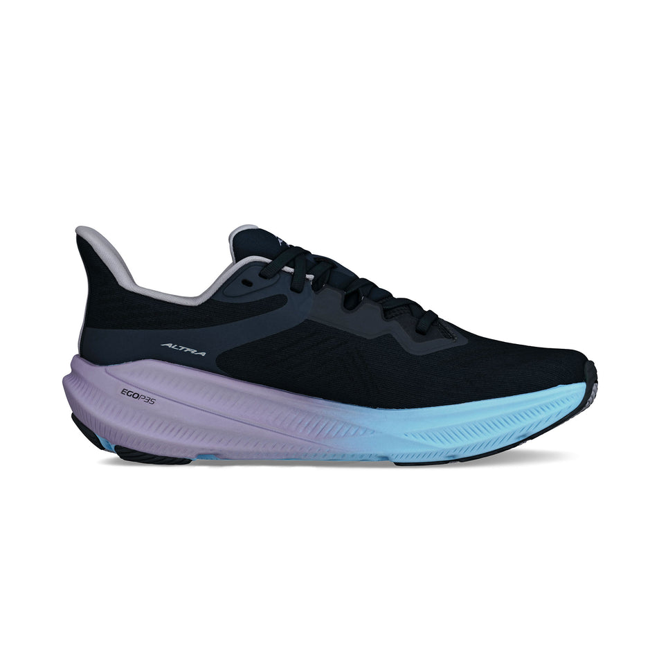 Medial view of the left shoe from a pair of Altra Women's Experience Flow 2 Running Shoes in the Black/Light Blue colourway. (8723623608482)
