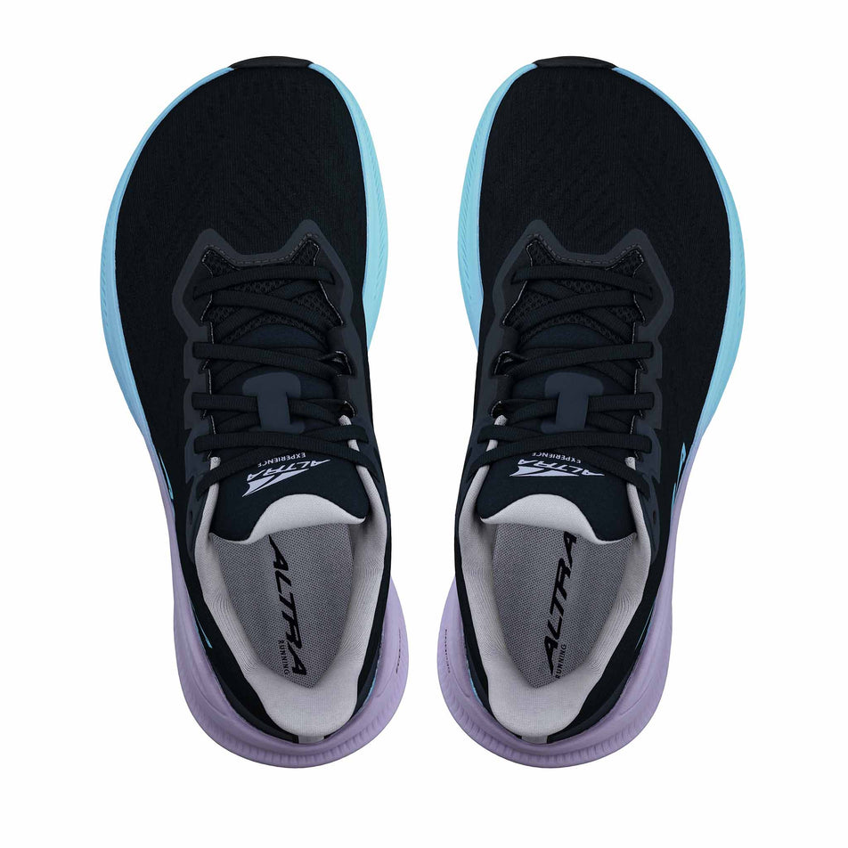 The uppers of a pair of Altra Women's Experience Flow 2 Running Shoes in the Black/Light Blue colourway. (8723623608482)