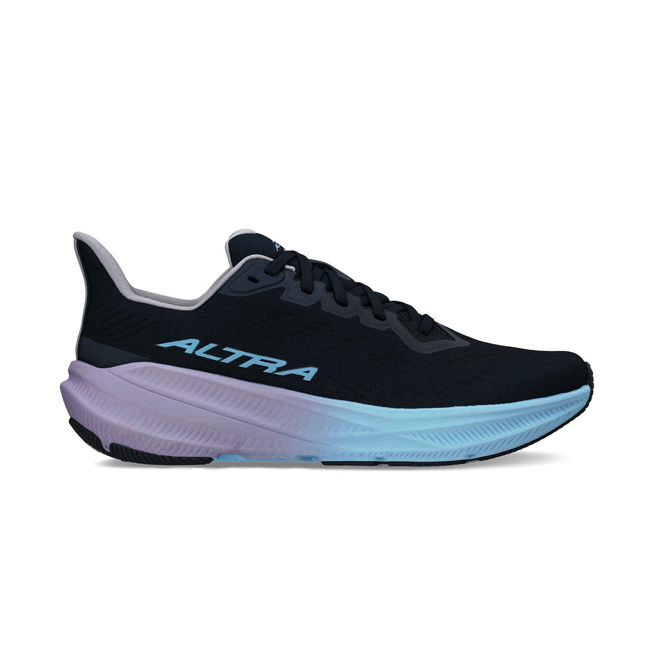 Lateral view of the right shoe from a pair of Altra Women's Experience Flow 2 Running Shoes in the Black/Light Blue colourway. (8723623608482)