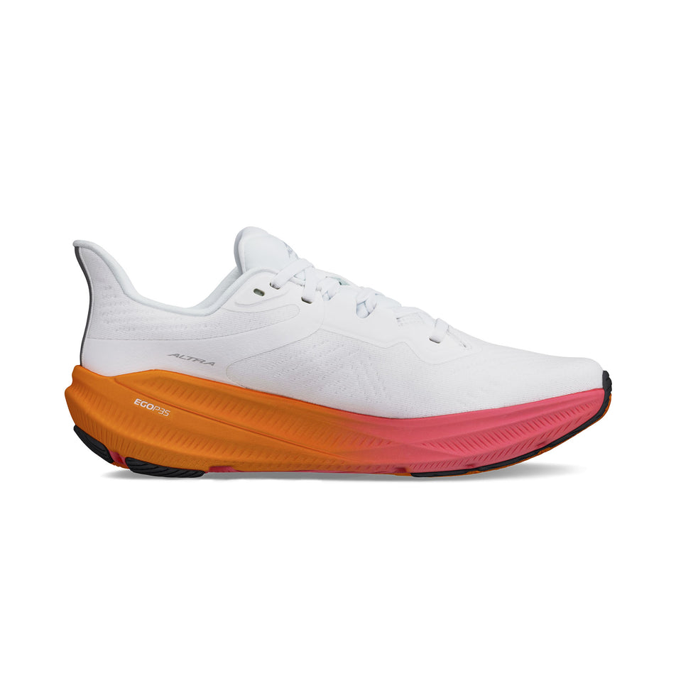 Medial view of the left shoe from a pair of Altra Women's Experience Flow 2 Running Shoes in the White/Orange colourway. (8653253148834)