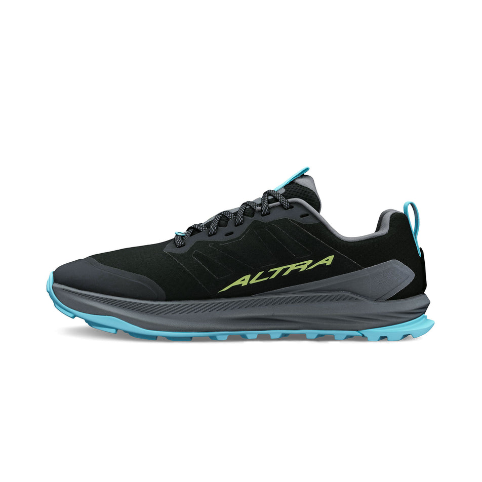 Medial view of the right shoe from a pair of Altra Men's Lone Peak 9+ Running Shoes in the Black/Lime colourway.