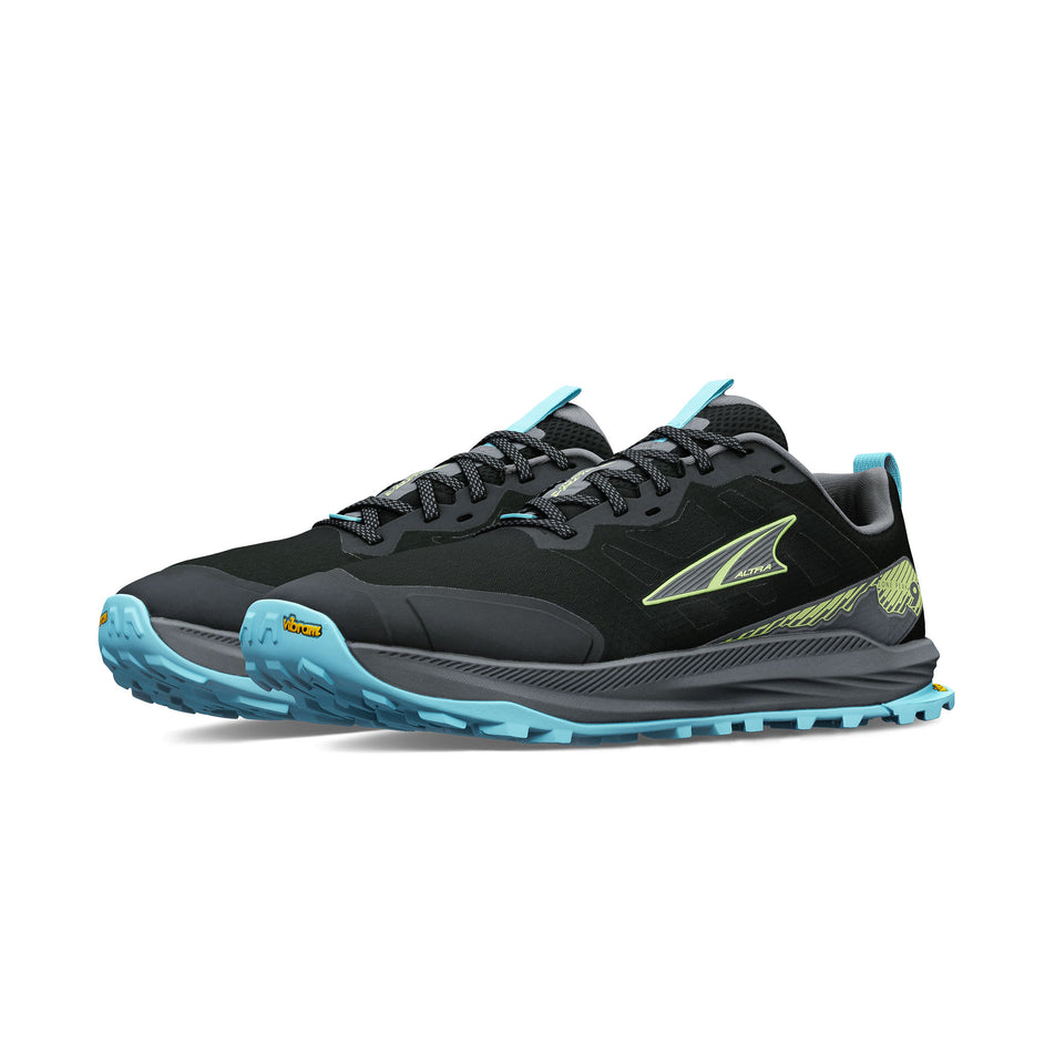 A pair of Altra Men's Lone Peak 9+ Running Shoes in the Black/Lime colourway.
