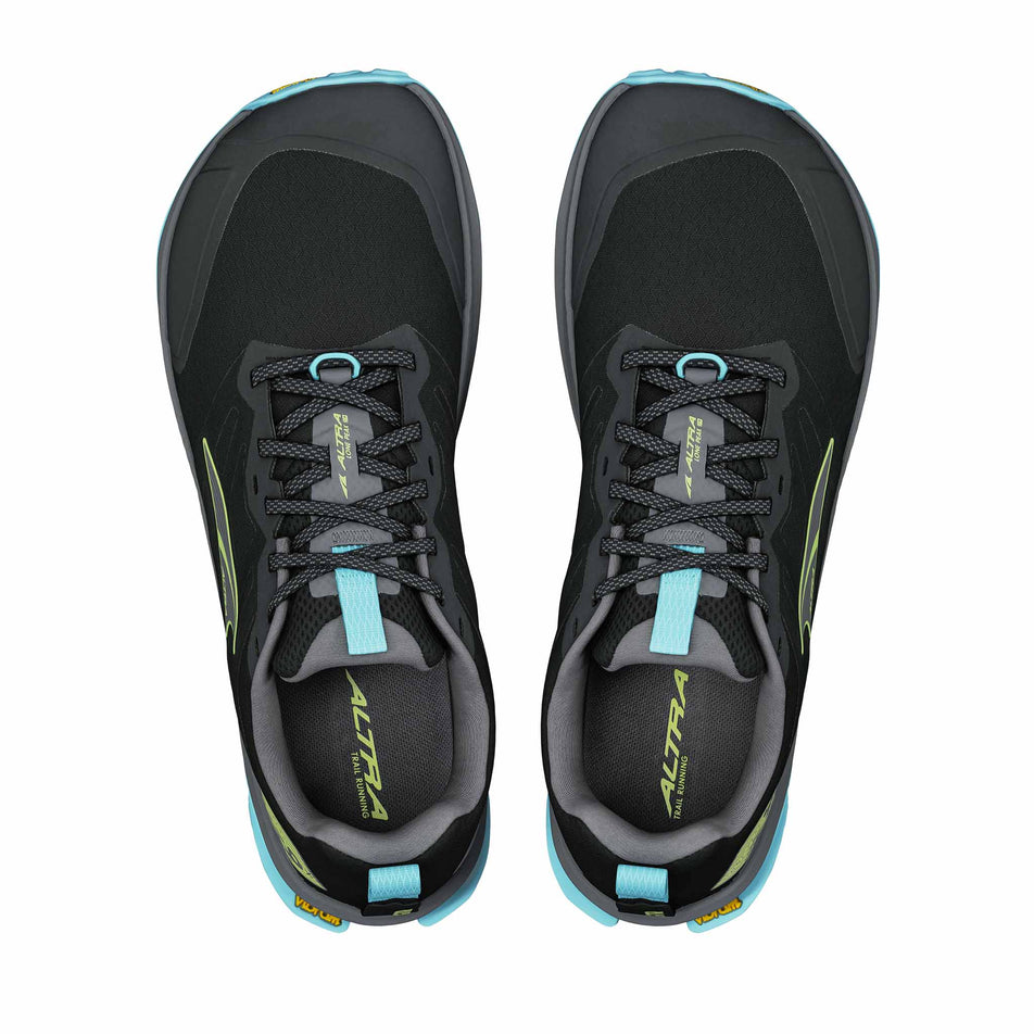 The uppers of a pair of Altra Men's Lone Peak 9+ Running Shoes in the Black/Lime colourway.