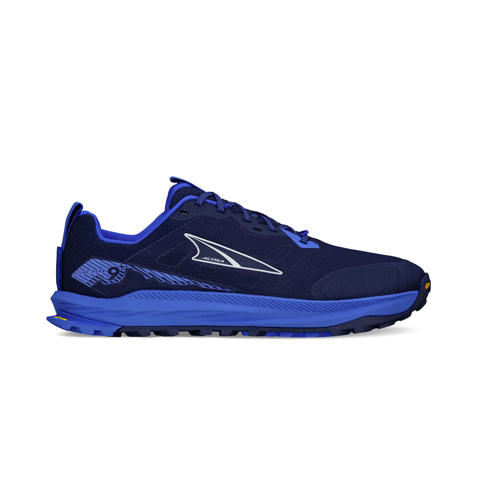 Lateral view of the right shoe from a pair of the Altra Men's Lone Peak 9+ Running Shoes in the Dark Blue colourway. (8680038727842)