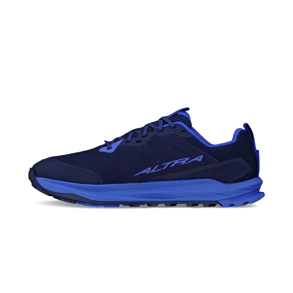 Medial view of the right shoe from a pair of the Altra Men's Lone Peak 9+ Running Shoes in the Dark Blue colourway. (8680038727842)