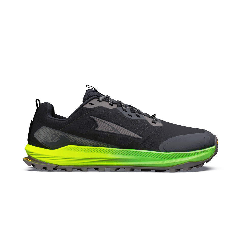 Lateral view of the right shoe from a pair of Altra Men's Lone Peak 9+ Trail Running Shoes in the Black/Dark Gll Grey/Green Gecko colourway.