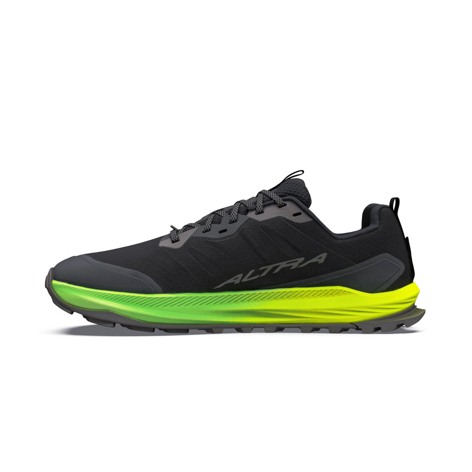 Medial view of the right shoe from a pair of Altra Men's Lone Peak 9+ Trail Running Shoes in the Black/Dark Gll Grey/Green Gecko colourway.