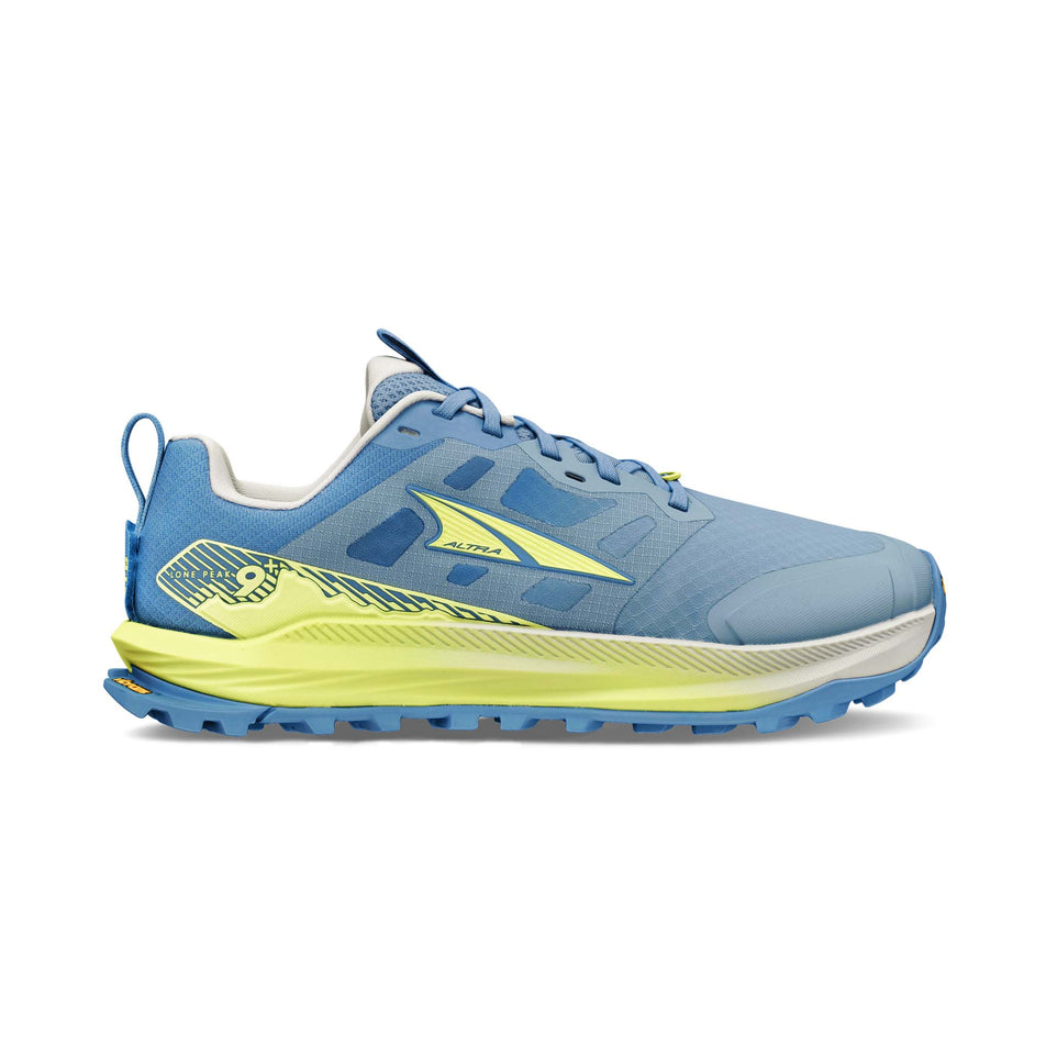 Lateral view of the right shoe from a pair of Altra Women's Lone Peak 9+ Running Shoes in the Blue/Lime colourway.