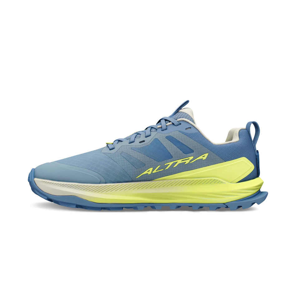 Medial view of the right shoe from a pair of Altra Women's Lone Peak 9+ Running Shoes in the Blue/Lime colourway.