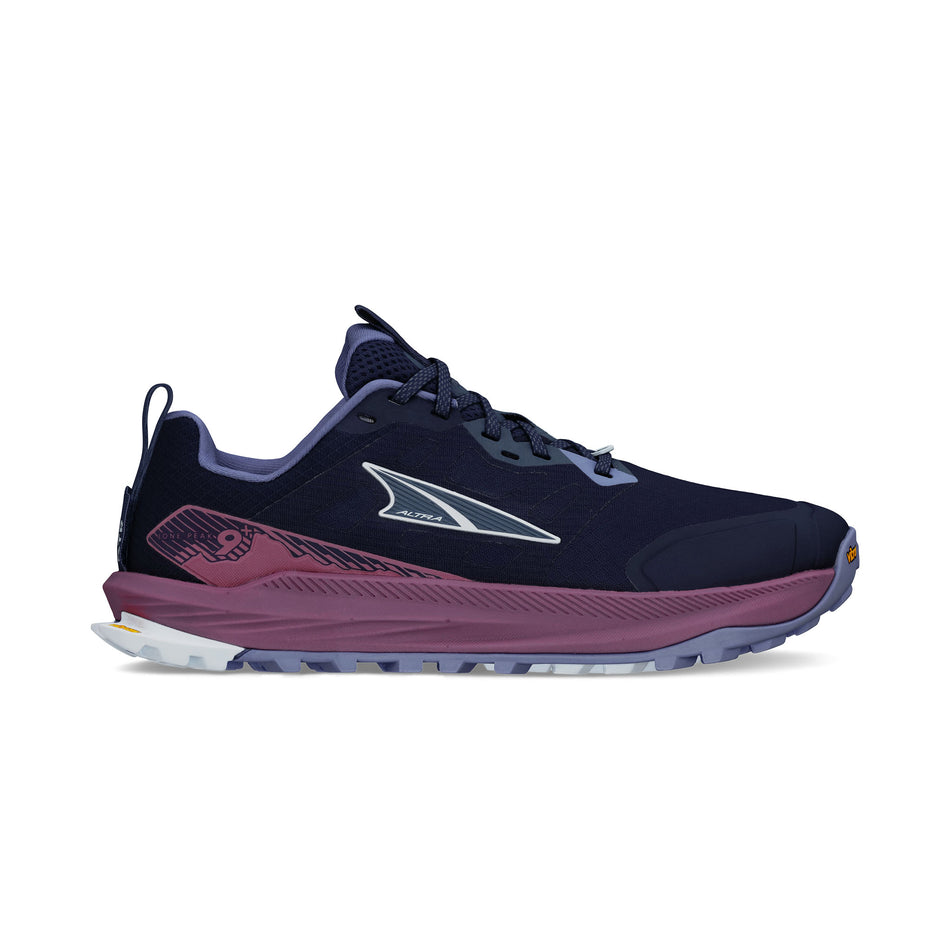 Lateral view of the right shoe from a pair of Altra Women's Lone Peak 9+ Running Shoes in the Dark Blue colourway. (8680049868962)