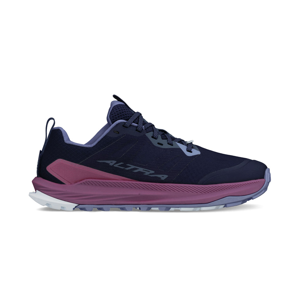 Medial view of the right shoe from a pair of Altra Women's Lone Peak 9+ Running Shoes in the Dark Blue colourway. (8680049868962)