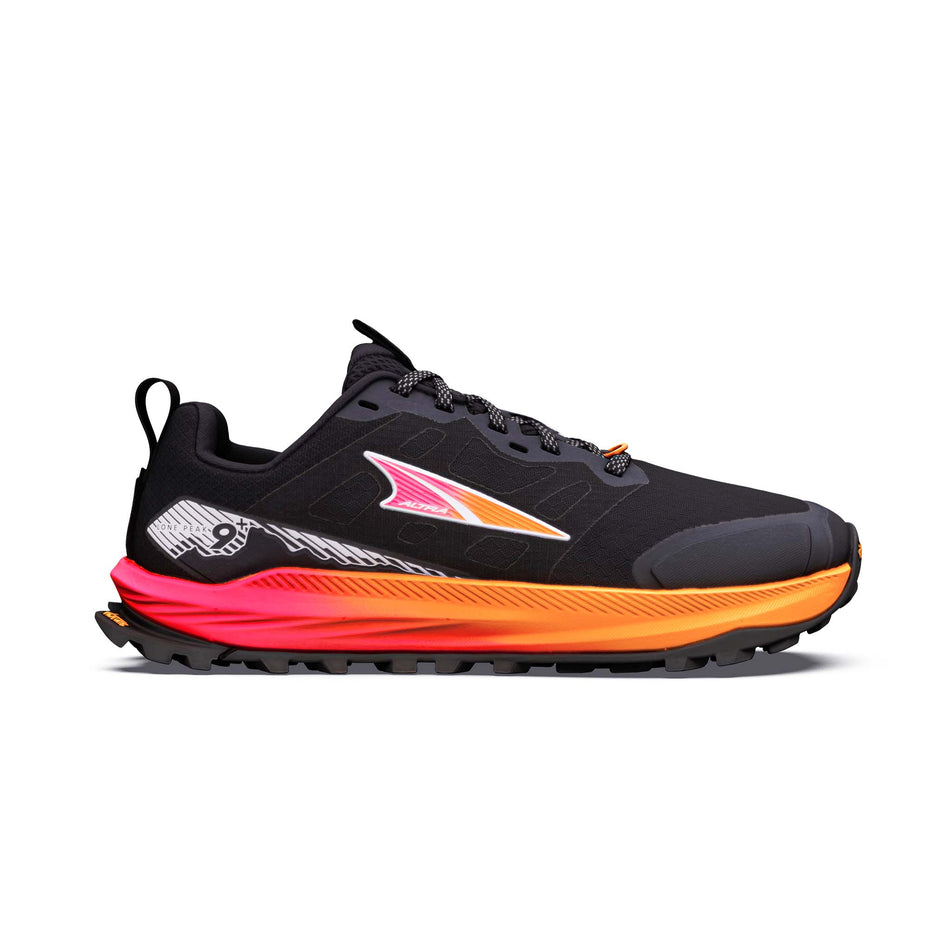 Lateral view of the right shoe from a pair of Altra Women's Lone Peak 9+ Running Shoes in the Black/Knockout Pink/White colourway.