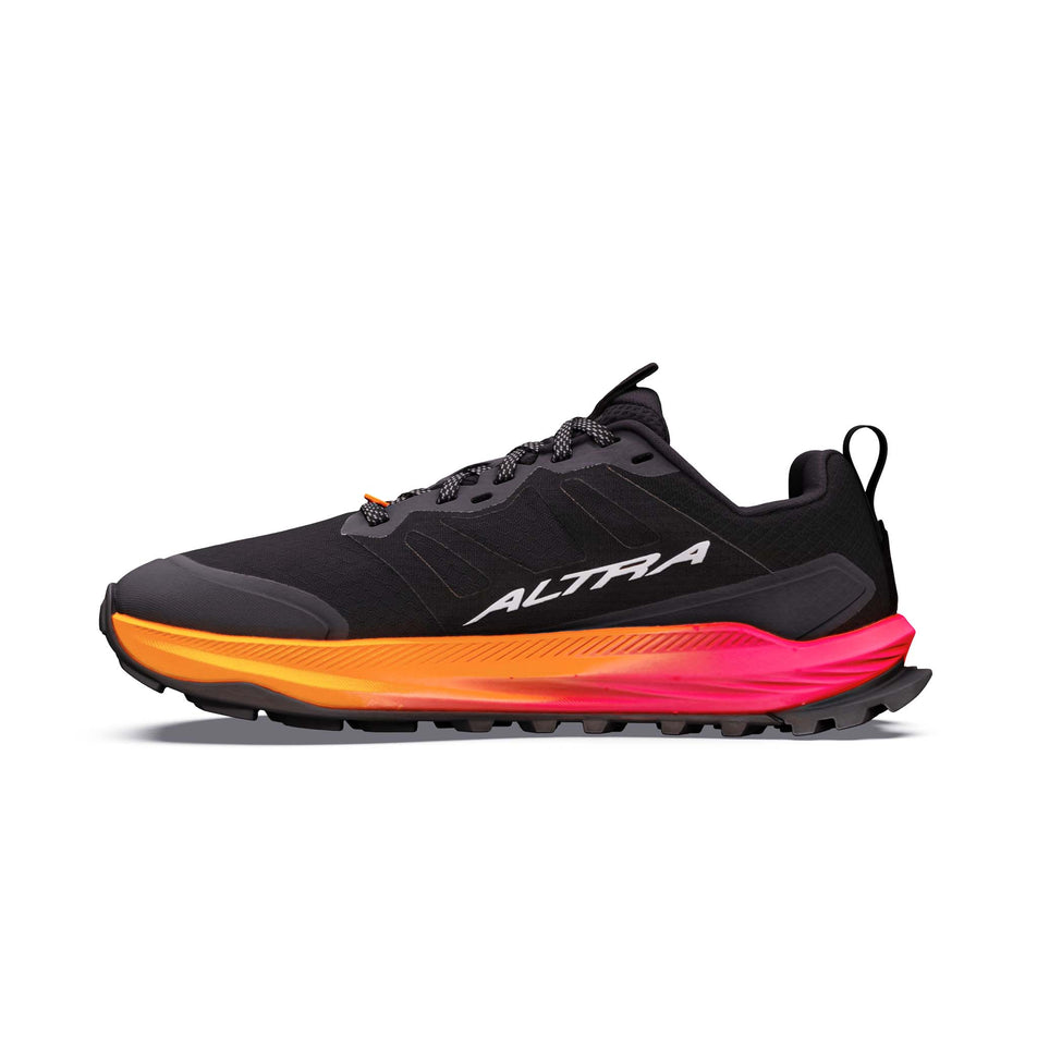 Medial view of the right shoe from a pair of Altra Women's Lone Peak 9+ Running Shoes in the Black/Knockout Pink/White colourway.