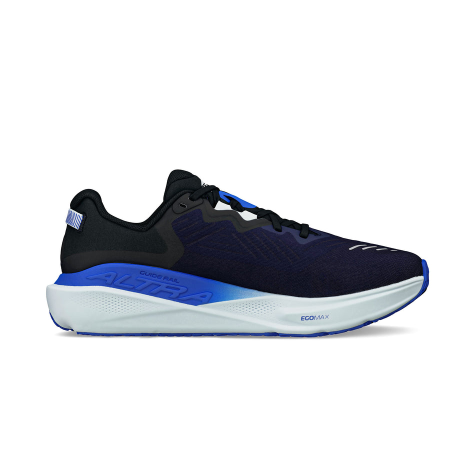 Medial view of the right shoe from a pair of Altra Men's Paradigm 8 Running Shoes in the Navy/Black colourway. (8680026800290)