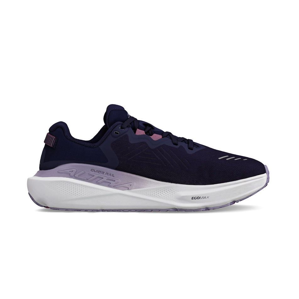 Medial view of the left shoe from a pair of Altra Women's Paradigm 8 Running Shoes in the Navy colourway. (8680033648802)