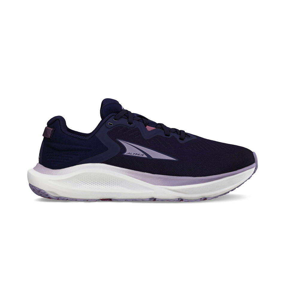 Lateral view of the right shoe from a pair of Altra Women's Paradigm 8 Running Shoes in the Navy colourway. (8680033648802)