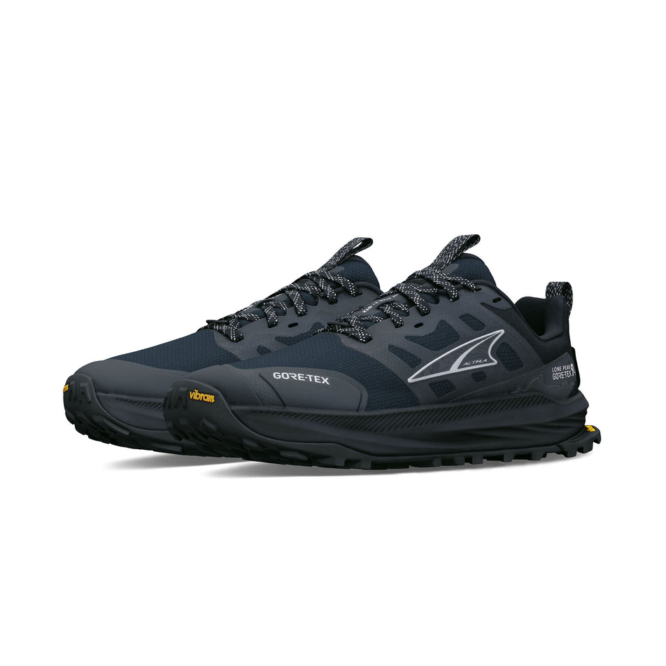 A pair of Altra Women's Lone Peak 9+ GTX Running Shoes in the Black/Black colourway.