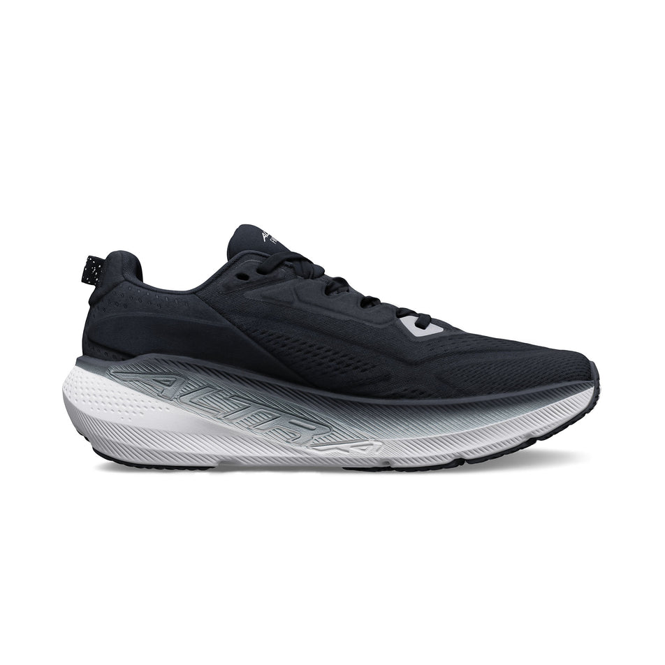 Medial view of the left shoe from a pair of Altra Men's FWD VIA 2 Running Shoes in the Black/White colourway.