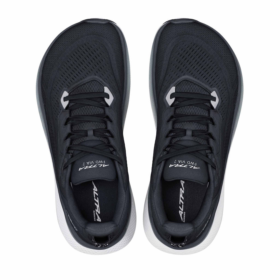 The uppers of a pair of Altra Men's FWD VIA 2 Running Shoes in the Black/White colourway.