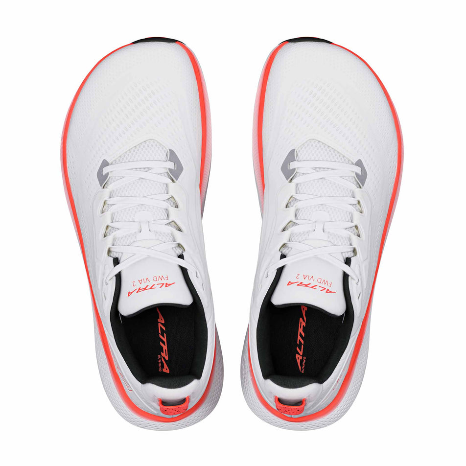 The uppers of a pair of Altra Men's FWD VIA 2 Running Shoes in the White/Coral colourway.