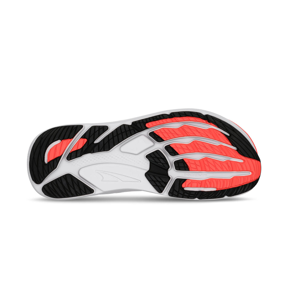 The outsole of the right shoe from a pair of Altra Men's FWD VIA 2 Running Shoes in the White/Coral colourway.