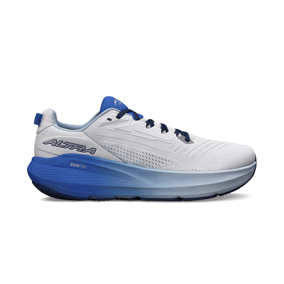 Lateral view of the right shoe from a pair of Altra Men's FWD VIA 2 Running Shoes in the Blue/Gray colourway.