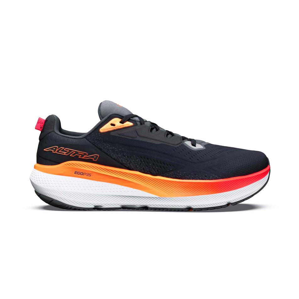 Lateral view of the right shoe from a pair of Altra Men's FWD VIA 2 Running Shoes in the Black/Orangepop/Firycoral colourway.