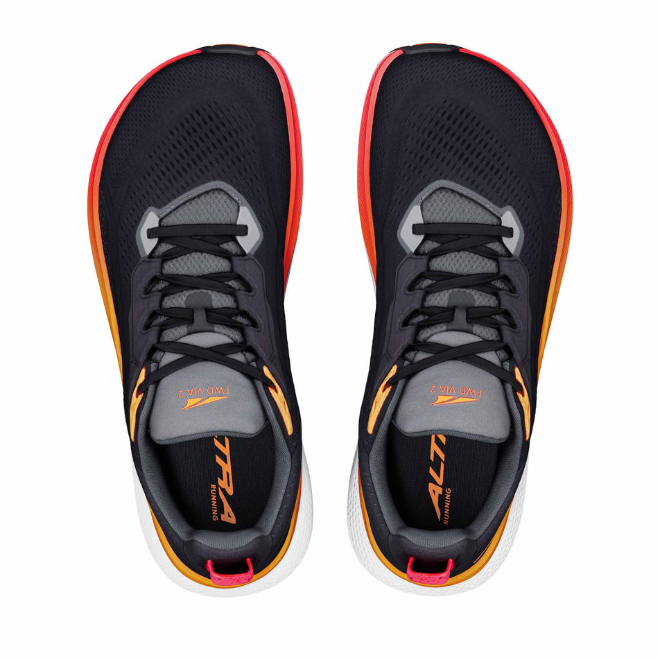 The uppers of a pair of Altra Men's FWD VIA 2 Running Shoes in the Black/Orangepop/Firycoral colourway.