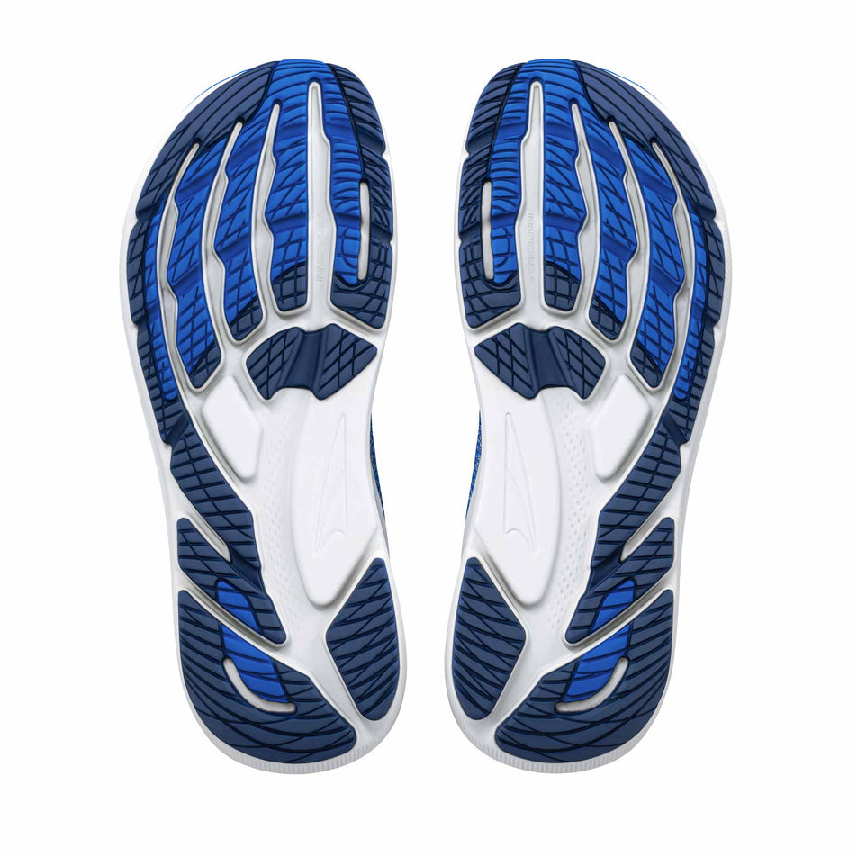 The outsoles of a pair of Altra Men's FWD VIA 2 Running Shoes in the Victor Blue/Ice/Dark Denim colourway.