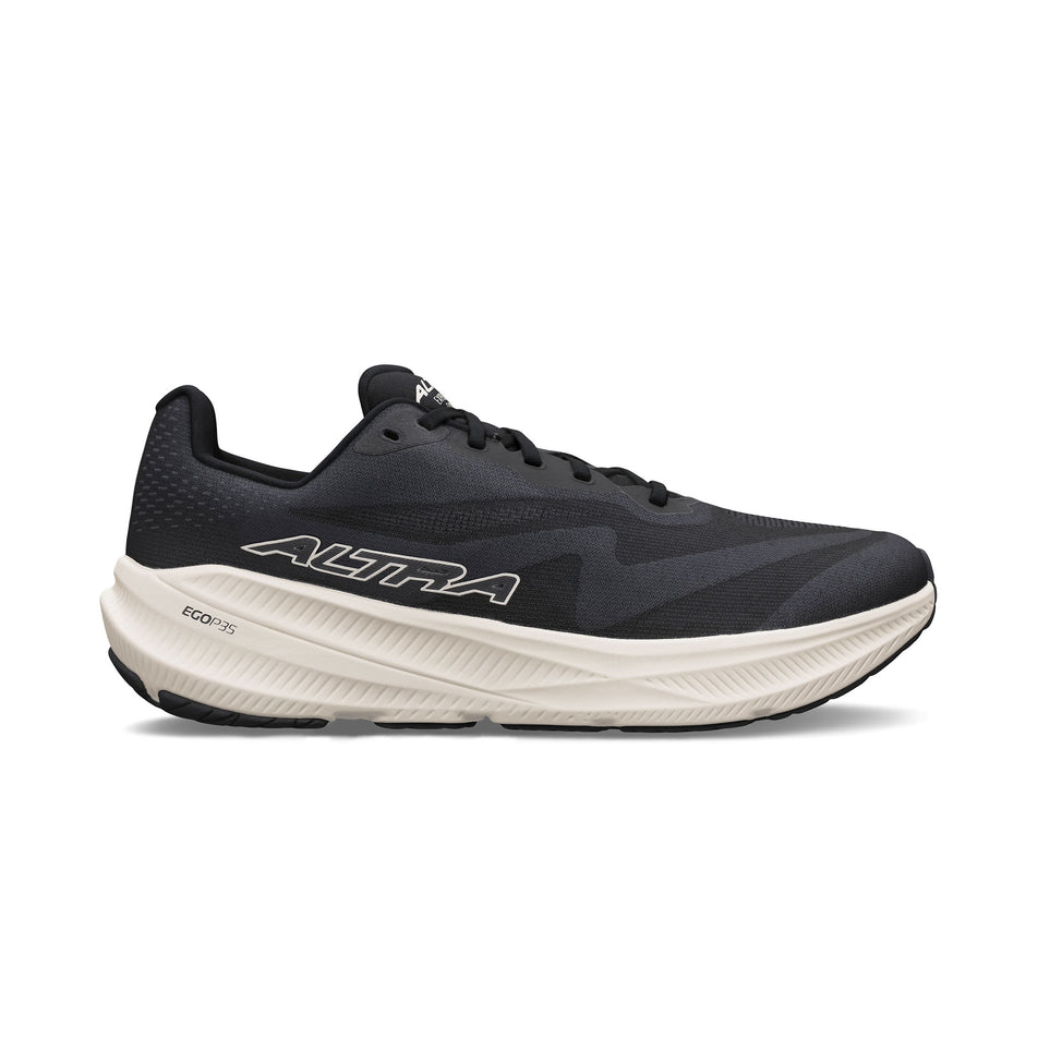 Lateral view of the right shoe from a pair of Altra Men's Experience Flow 3 Running Shoes in the Black/White colourway.