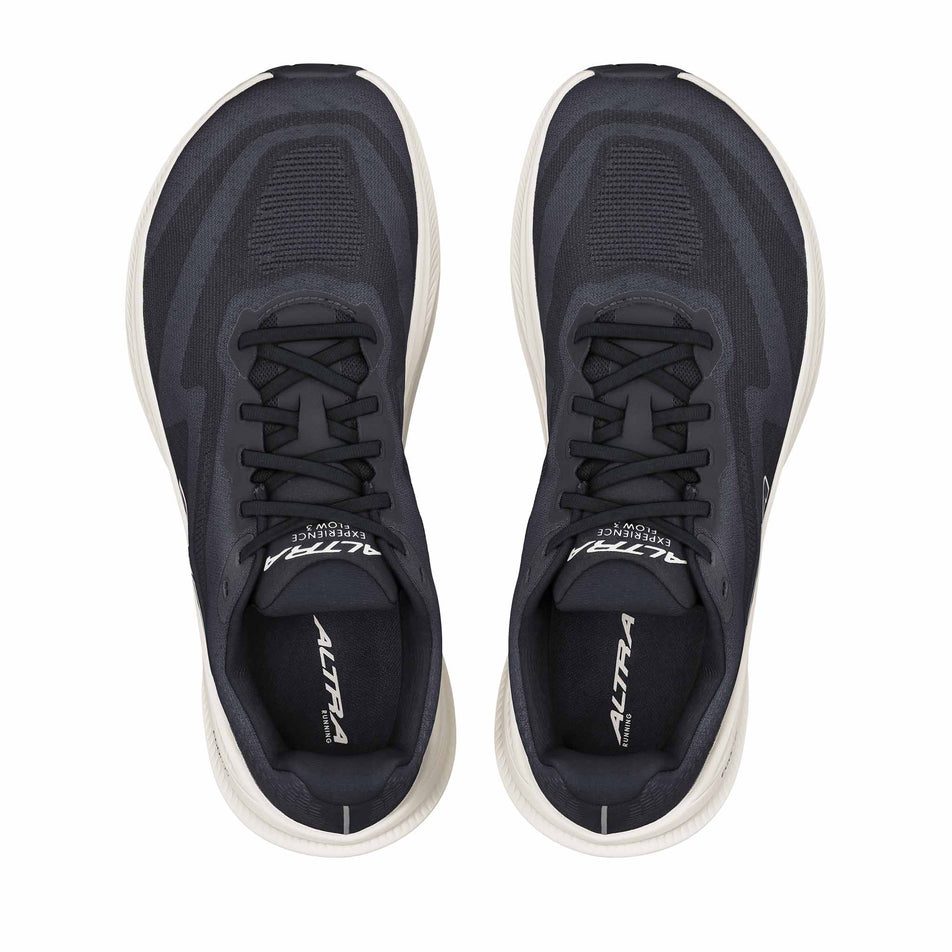 The uppers of a pair of Altra Men's Experience Flow 3 Running Shoes in the Black/White colourway.