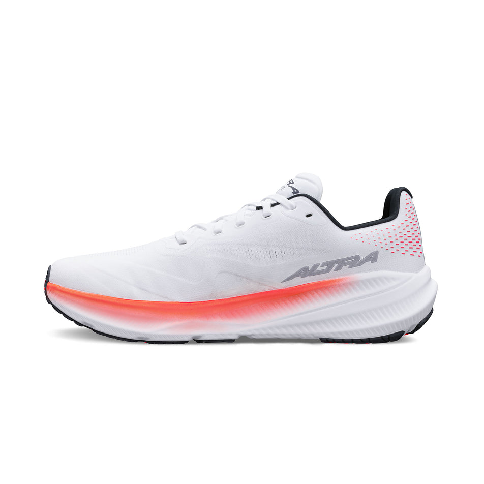 Medial view of the right shoe from a pair of Altra Men's Experience Flow 3 Running Shoes in the White/Coral colourway.