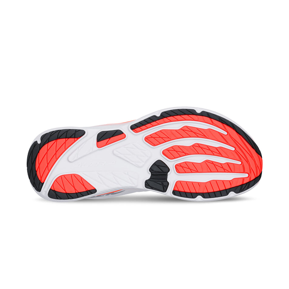 The outsole of the right shoe from a pair of Altra Men's Experience Flow 3 Running Shoes in the White/Coral colourway.