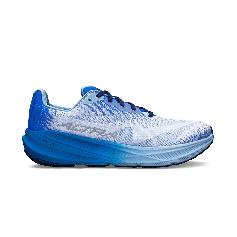 Lateral view of the right shoe from a pair of Altra Men's Experience Flow 3 Running Shoes in the Blue/Gray colourway.