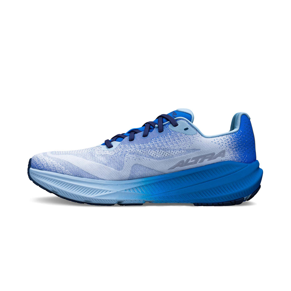 Medial view of the right shoe from a pair of Altra Men's Experience Flow 3 Running Shoes in the Blue/Gray colourway.
