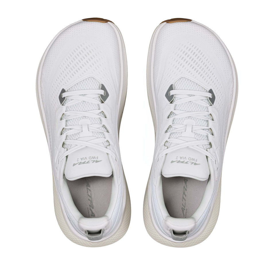 The uppers of a pair of Altra Women's FWD VIA 2 Running Shoes in the White colourway.