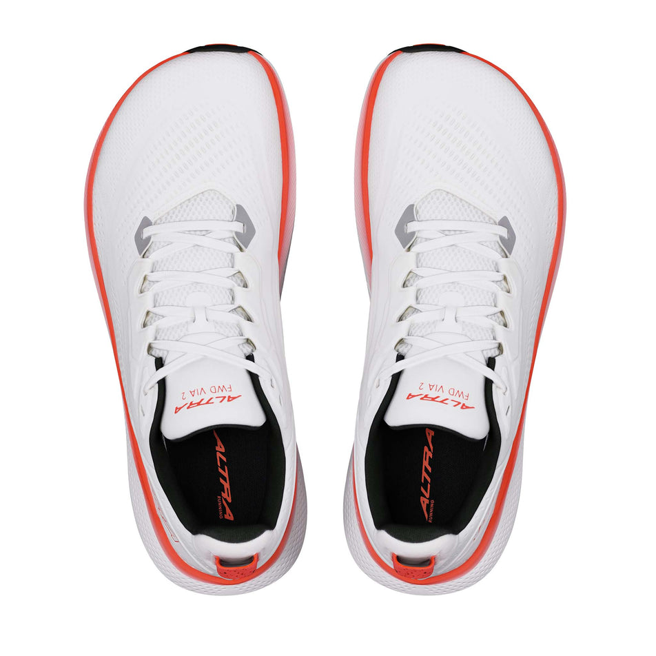 The uppers of a pair of Altra Women's FWD VIA 2 Running Shoes in the White/Coral colourway.