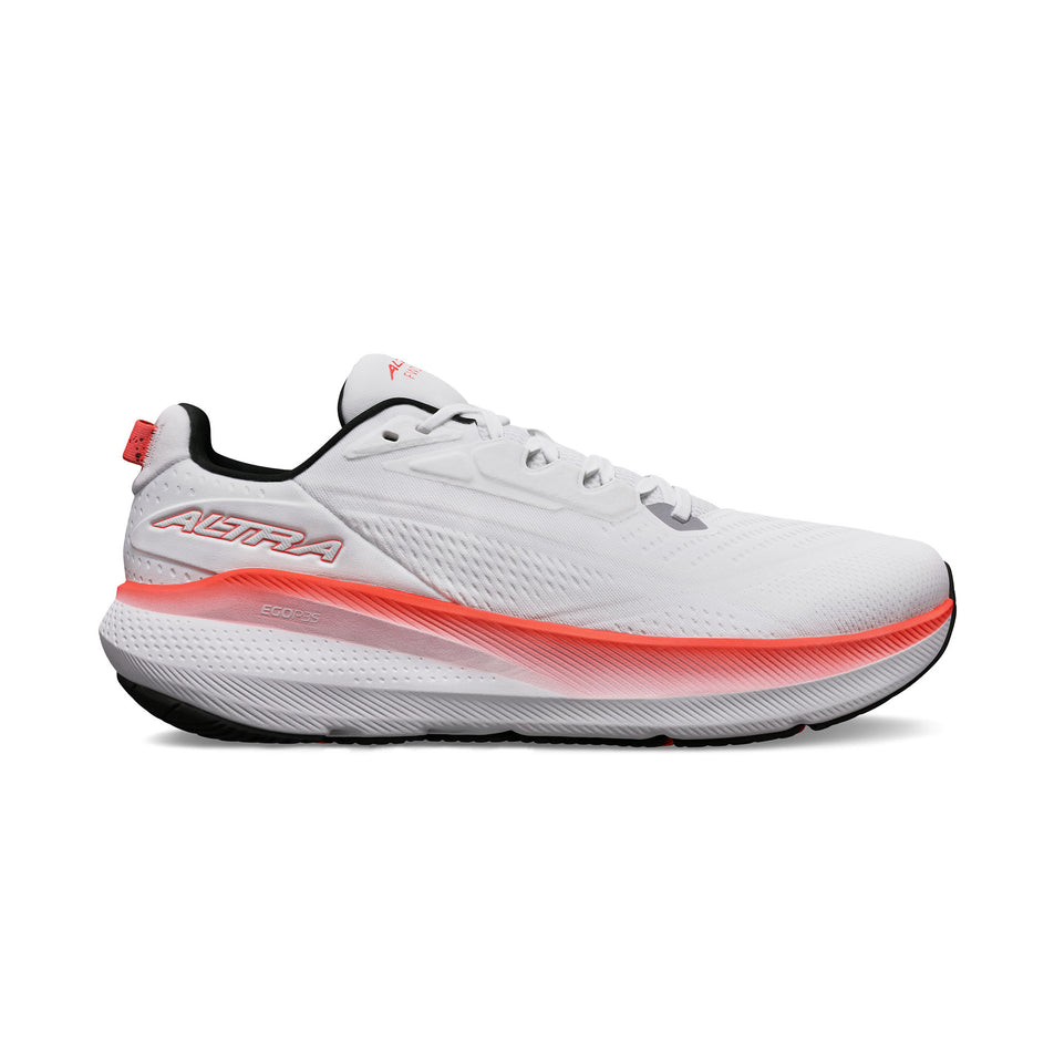 Lateral view of the right shoe from a pair of Altra Women's FWD VIA 2 Running Shoes in the White/Coral colourway.