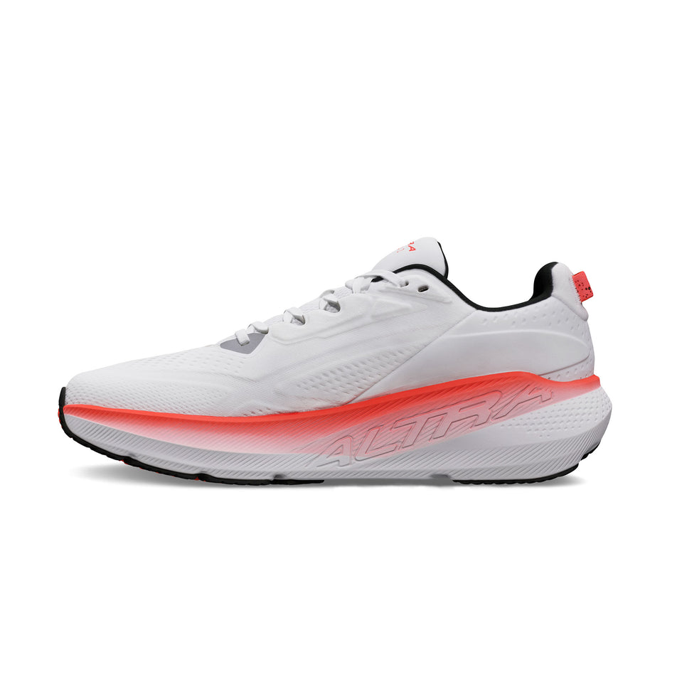 Medial view of the right shoe from a pair of Altra Women's FWD VIA 2 Running Shoes in the White/Coral colourway.