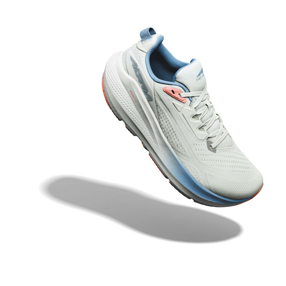 The right shoe from a pair of Altra Women's FWD VIA 2 Running Shoes in the Ice/Silver/Wndwrd Blue colourway.