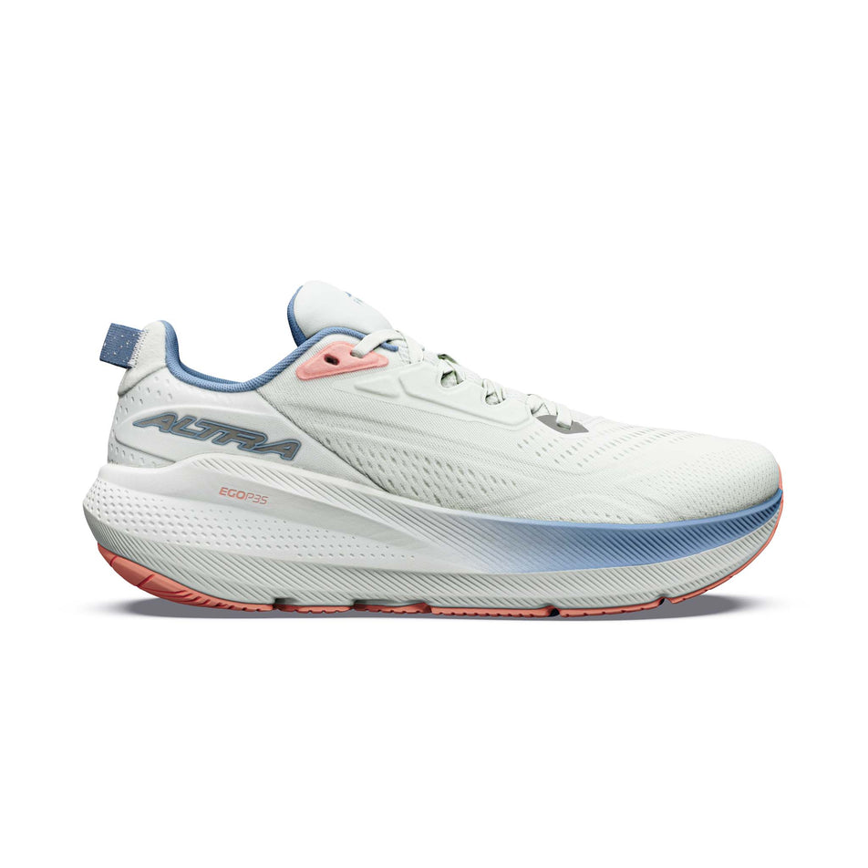 Lateral view of the right shoe from a pair of Altra Women's FWD VIA 2 Running Shoes in the Ice/Silver/Wndwrd Blue colourway.