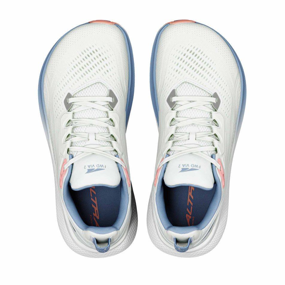 The uppers of a pair of Altra Women's FWD VIA 2 Running Shoes in the Ice/Silver/Wndwrd Blue colourway.
