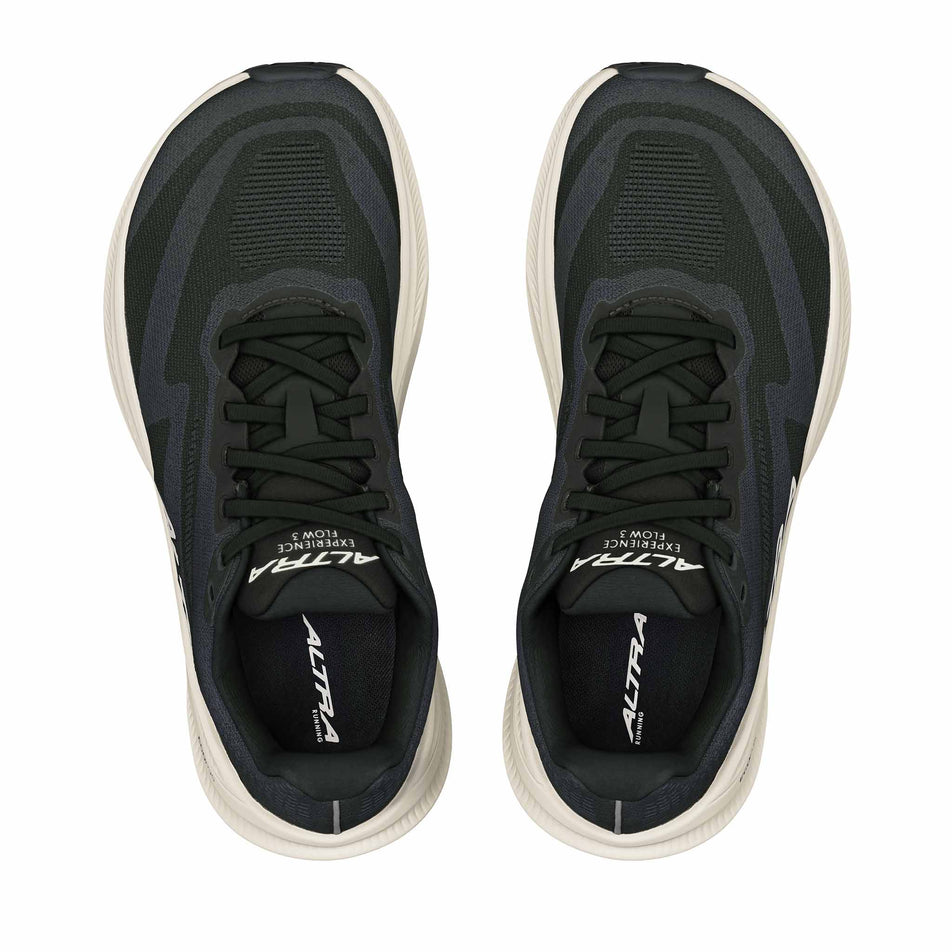 The uppers of a pair of Altra Women's Experience Flow 3 Running Shoes in the Black/White colourway.