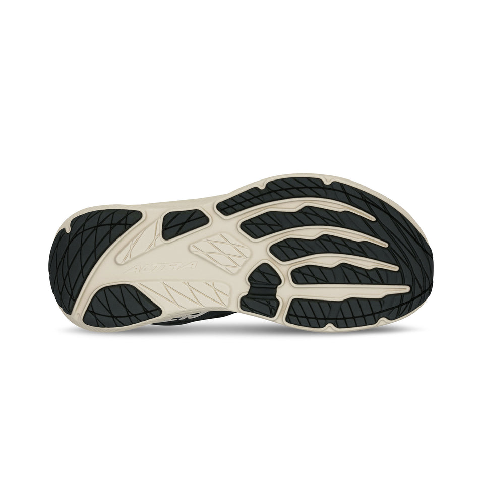 The outsole of the right shoe from a pair of Altra Women's Experience Flow 3 Running Shoes in the Black/White colourway.