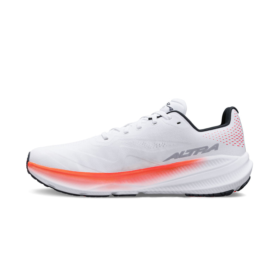 Medial view of the right shoe from a pair of Altra Women's Experience Flow 3 Running Shoes in the White/Coral colourway.