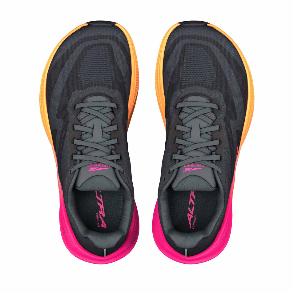 The uppers of a pair of Altra Women's Experience Flow 3 Running Shoes in the Black/Black/Pink Glow colourway.