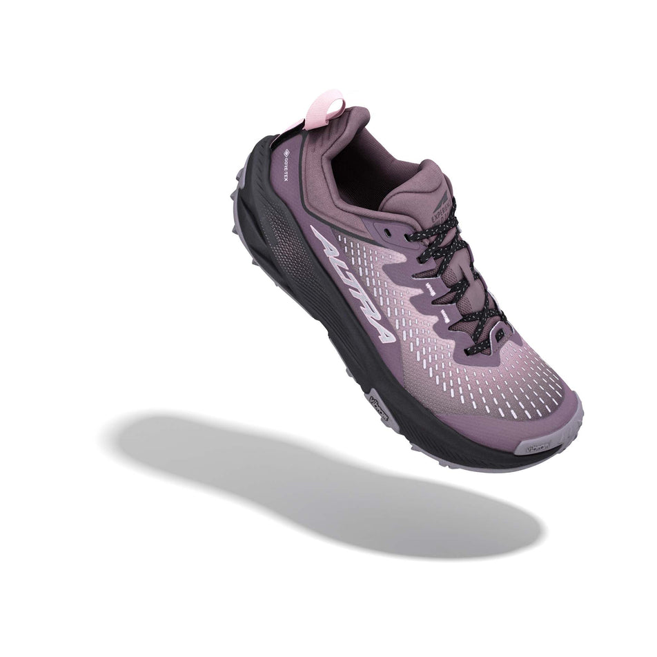 The right shoe from a pair of Altra Women's Experience Wild 3+ GTX Running Shoes in the Blue Hour/Dawn colourway.