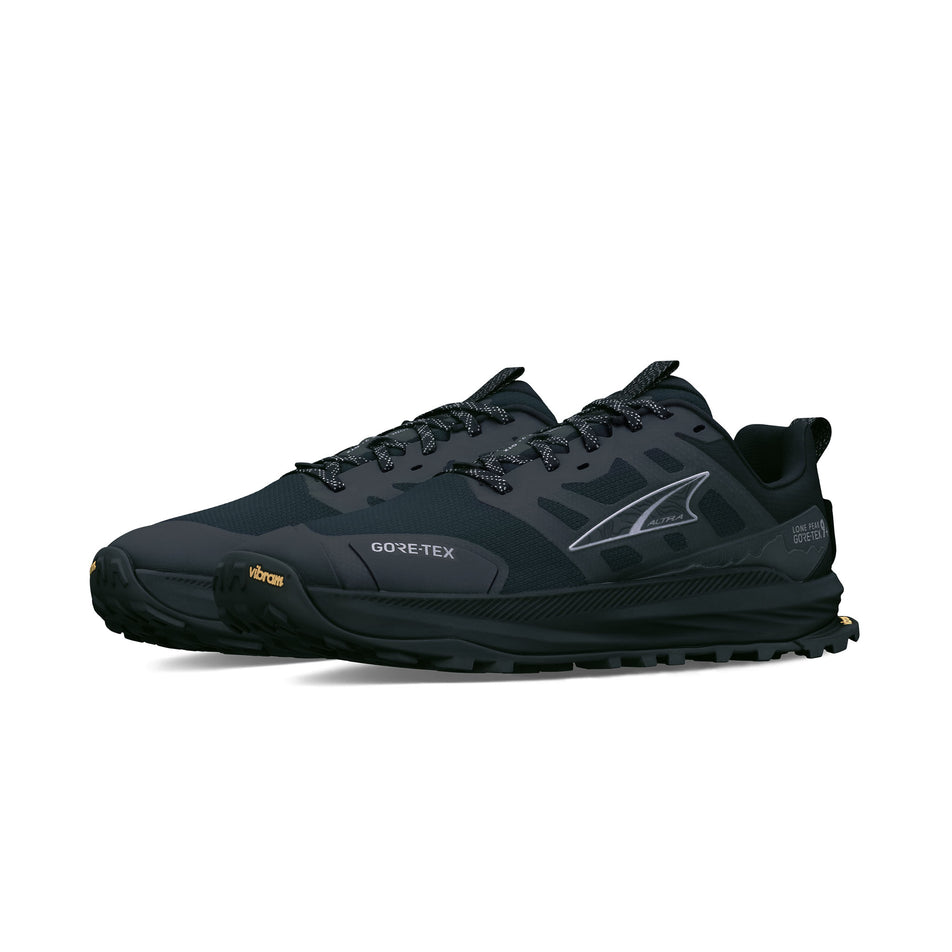 A pair of Altra Men's Lone Peak 9+ GTX Running Shoes in the Black/Black colourway.