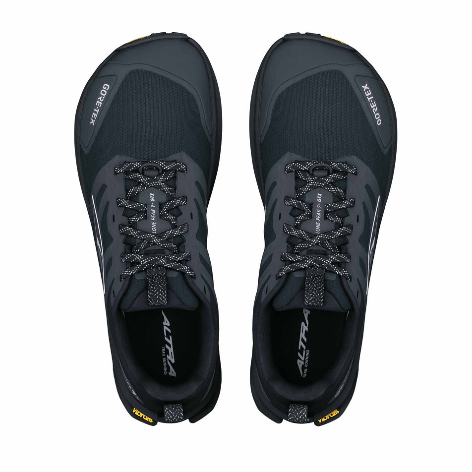 The uppers of a pair of Altra Men's Lone Peak 9+ GTX Running Shoes in the Black/Black colourway.